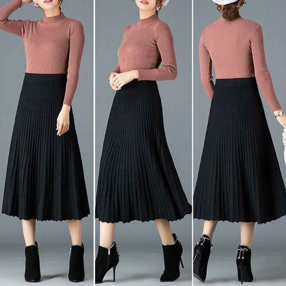 

High-waisted Skirt Elegant Women's Pleated Skirt High Waist A-line Midi Skirt in Solid Color Mid-calf Length Thickened for Any