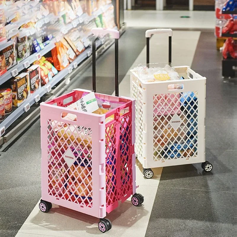 Foldable Shopping Trolley with Retractable Handle & 360° Wheels, 65L PP Plastic Utility Cart for Grocery Storage & Transport
