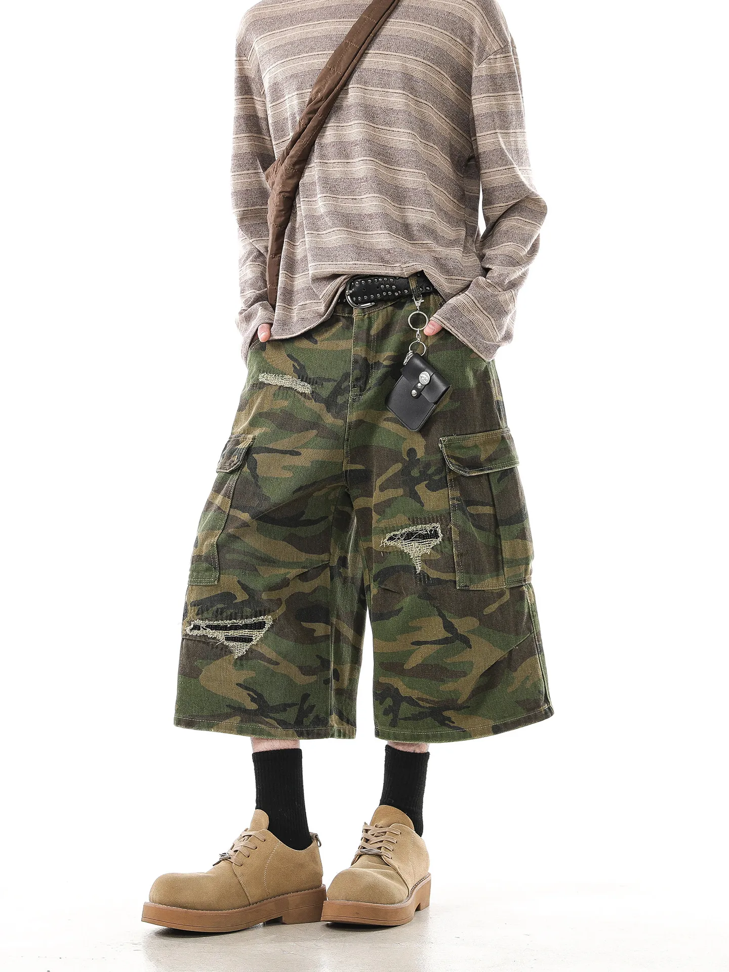 American Style Distressed Patch Camouflage Workwear, Cropped Shorts, Men's Summer Straight Leg Pants
