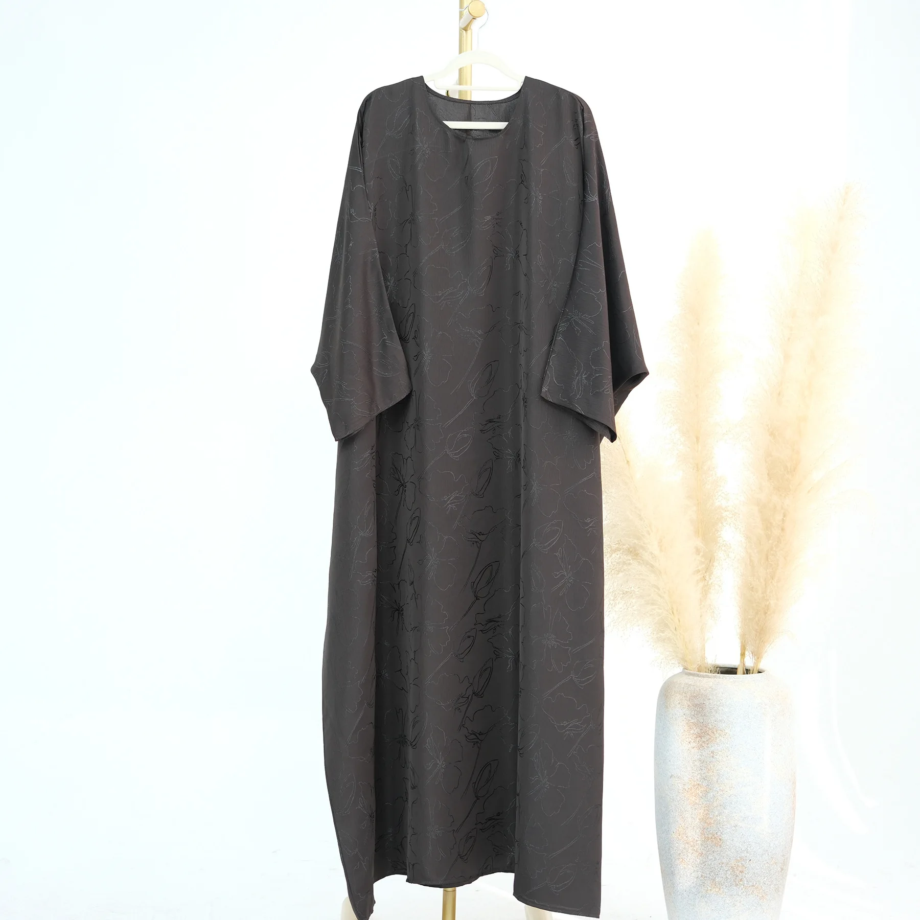 中東ドバイ トルコ ファッション ジャカード ドレス レディース ムスリム ロング ルーズ マキシ ドレス アバヤ ローブ 無地 エレガント