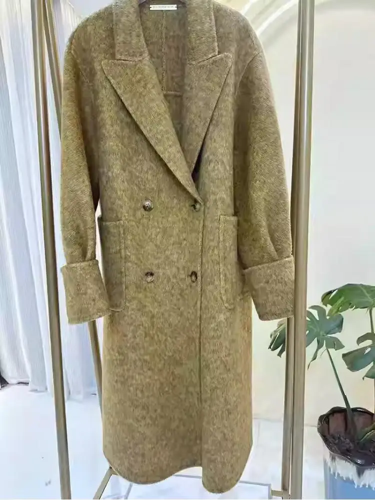 Office Lady Woolen Jackets 2024 Autumn And Winter Suit Collar Double Breasted Big Pockets Loose Long Women\'s Wool Coats