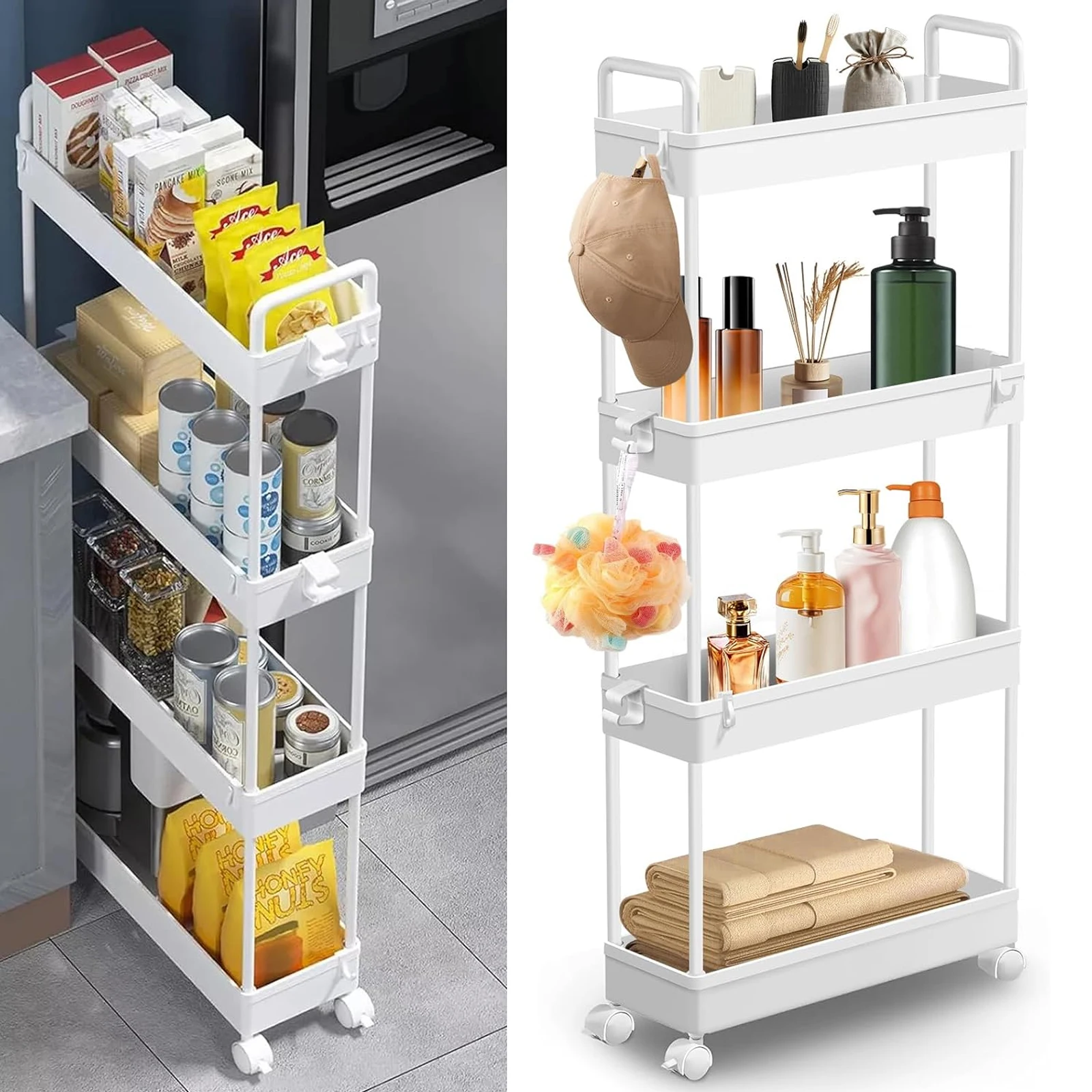 4-stöckiger Aufbewahrungswagen auf Rollen, schlanker Rollwagen, ausziehbarer Rollwagen, mobiles Regal, Organizer-Wagen, Make-up-Rack für Küche, Bad, Wäscheraum, Büro, einfache Montage, weiß