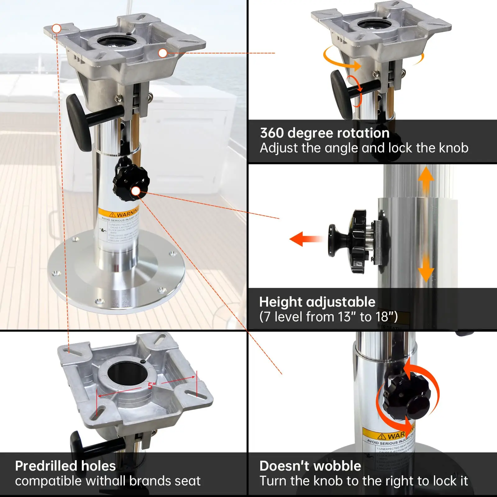 조절 가능한 알루미늄 보트 시트 받침대 13-19인치 높이, 잠금 디자인, 실버 폴리쉬, 낚시 보트 및 해양 선박용