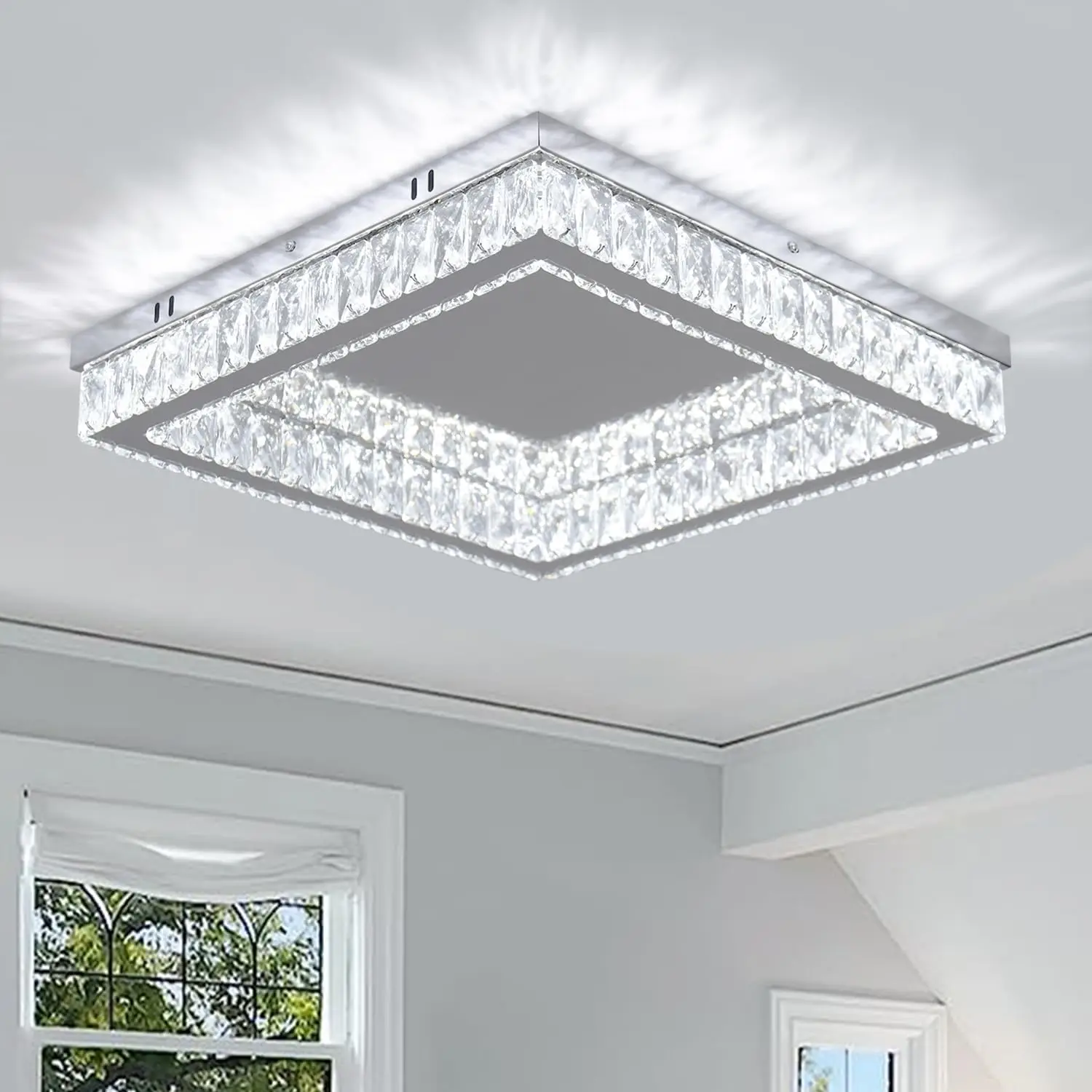 

Modern Crystal Flush Mount Ceiling Light, 17.7" Square LED, 48W Cool White, K9 Crystal & Stainless Steel