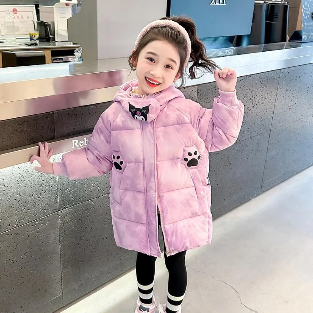 Kawaii Sanrio Kuromi Girls Y2K Medium Length Cotton Clothes Jacket Autumn Winter Thicken Coat Cotton Coat Children's Clothing