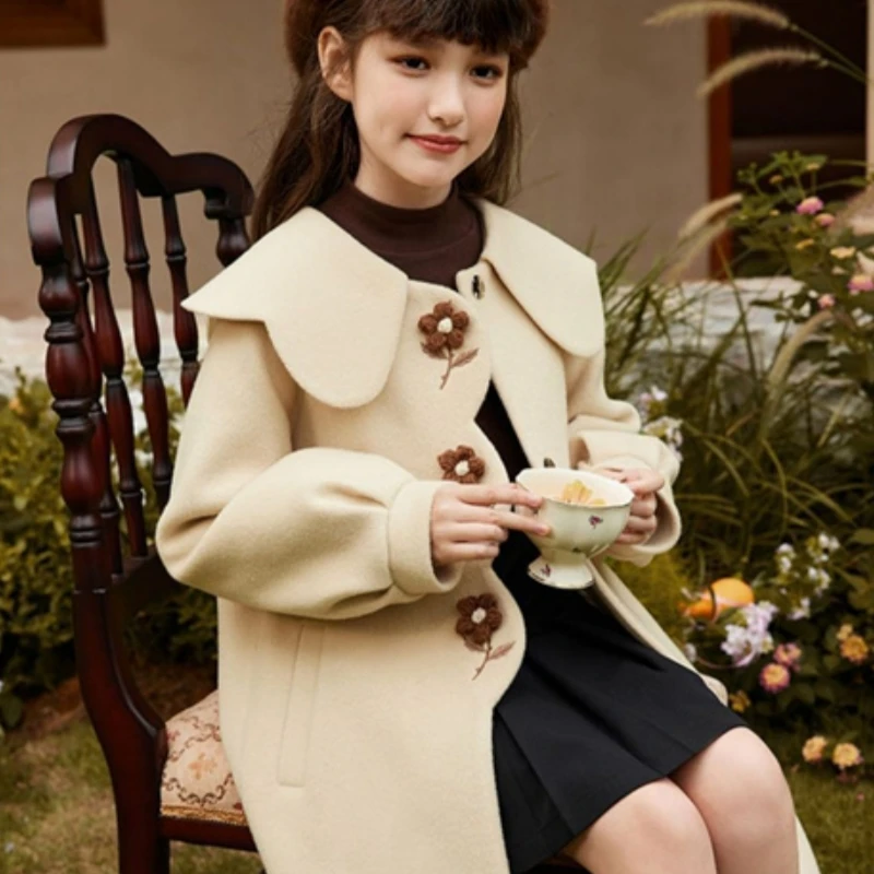 

Girls Woolen Coat Overcoat Jacket Windbreak 2023 Flowers Warm Plus Thicken Winter Cotton School Gift Children's Clothing