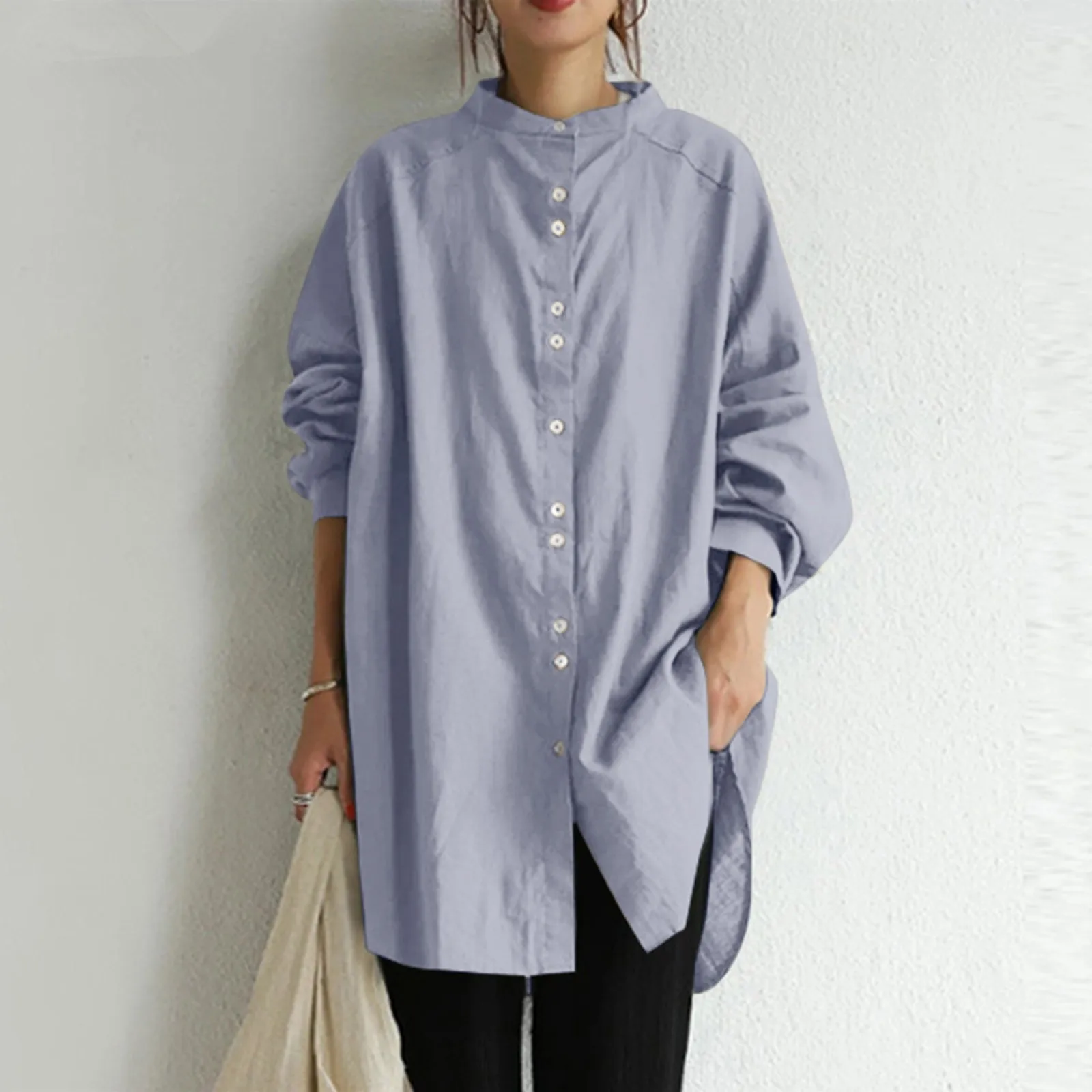 2024 Spring New Women\'s Shirt Fashion Retro Standing Collar Long Sleeve Cotton Linen Shirt Casual Loose Solid Mid Length Blouse