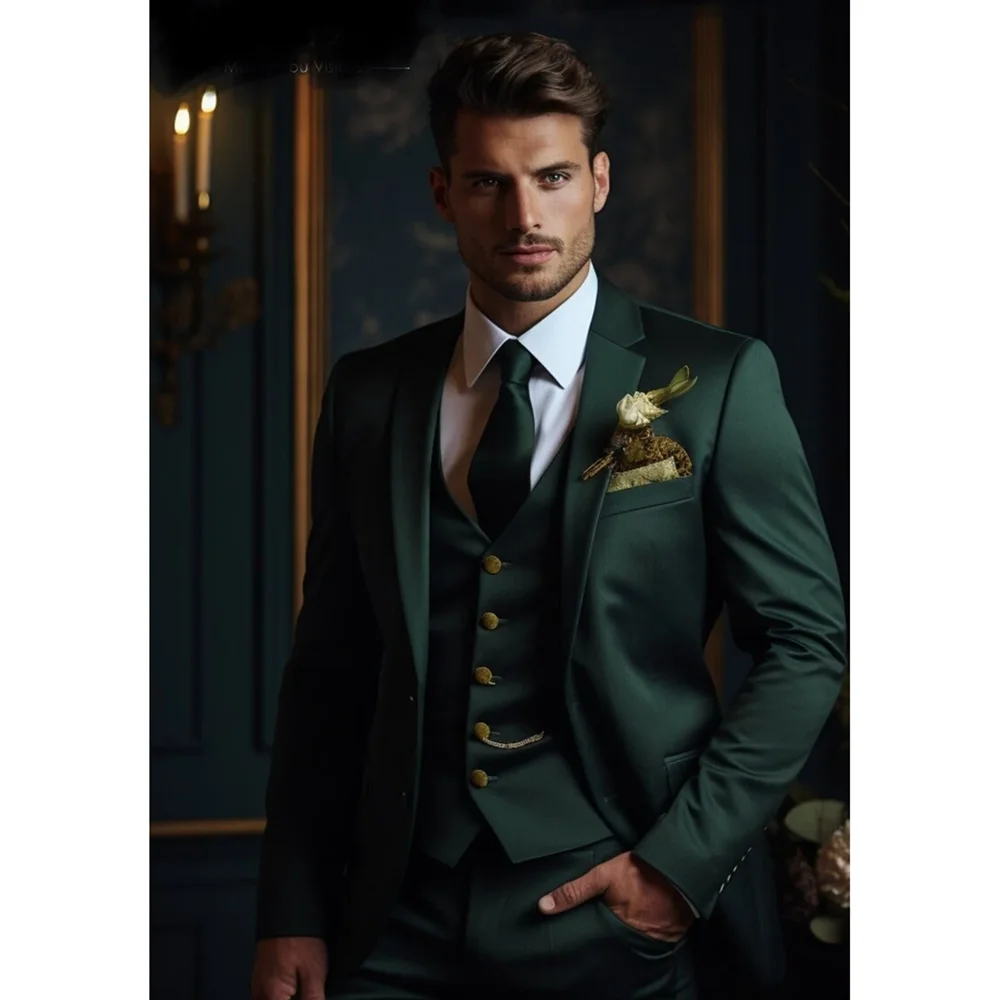 

Green Men Suits 3 Piece Formal Single Breasted Notch Lapel Outfits Fashion Business Casual Groom Wedding Tuxedo Male Suit