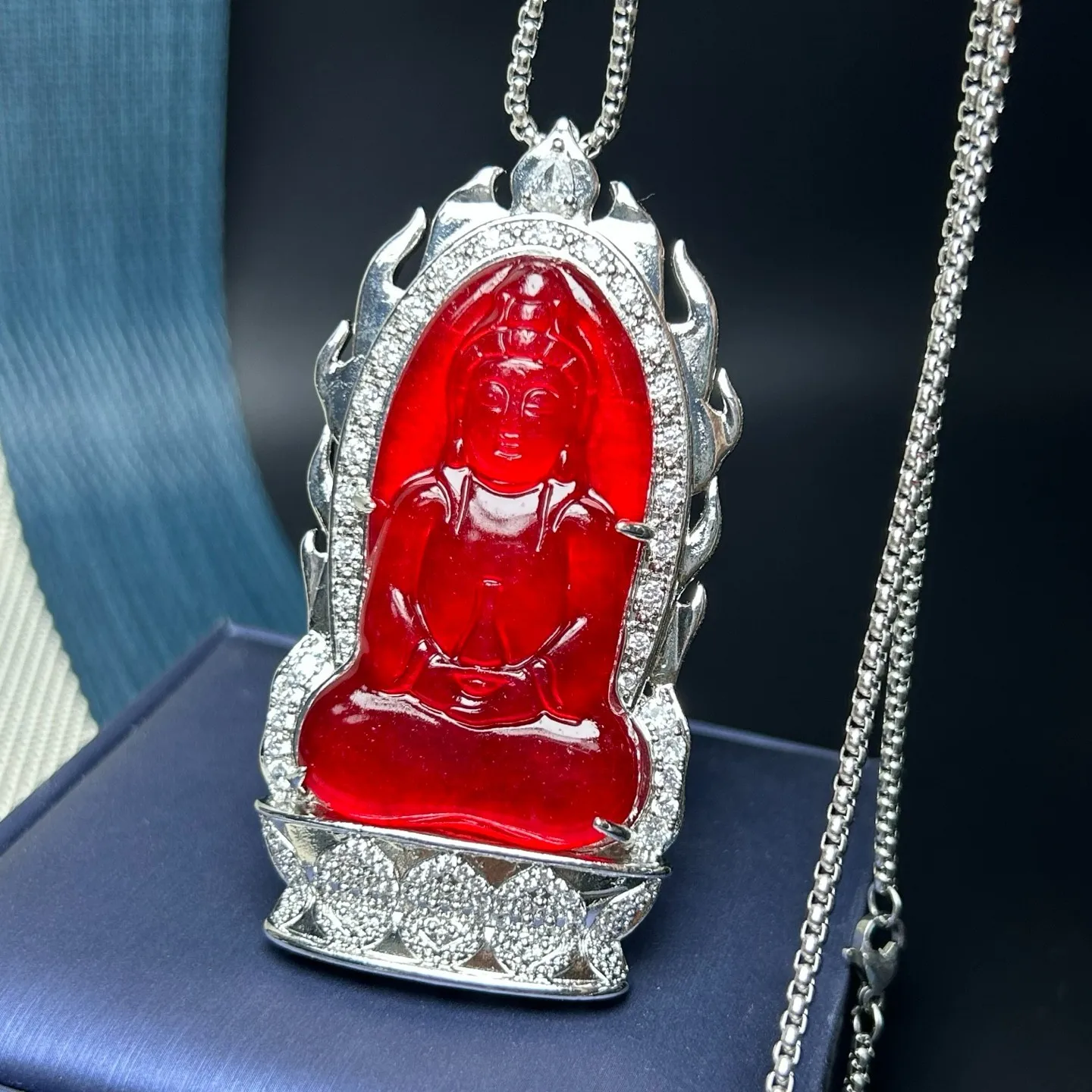 Natural AAA Ice Red Jade Jadeite Carved KwanYin Lucky Pendant&Necklace