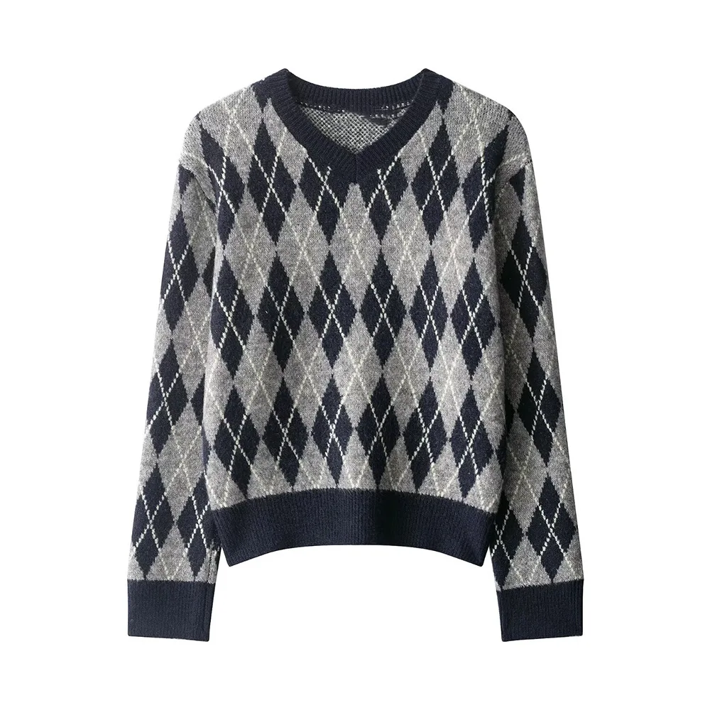 

2025 autumn and winter new European and American fashion Korean style versatile rhombus pattern long-sleeved sweater