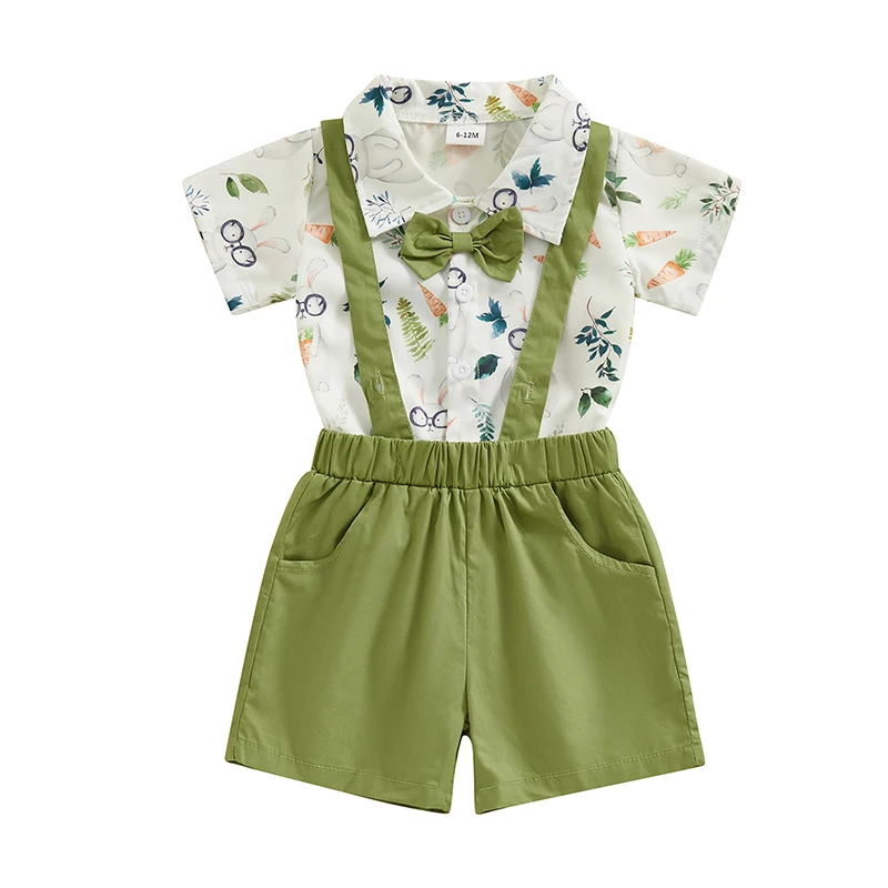 Easter Baby Boy Gentleman Outfit Lapel Neck Short Sleeve Rabbit Print Romper Suspender Shorts Infant 2 Piece Sets