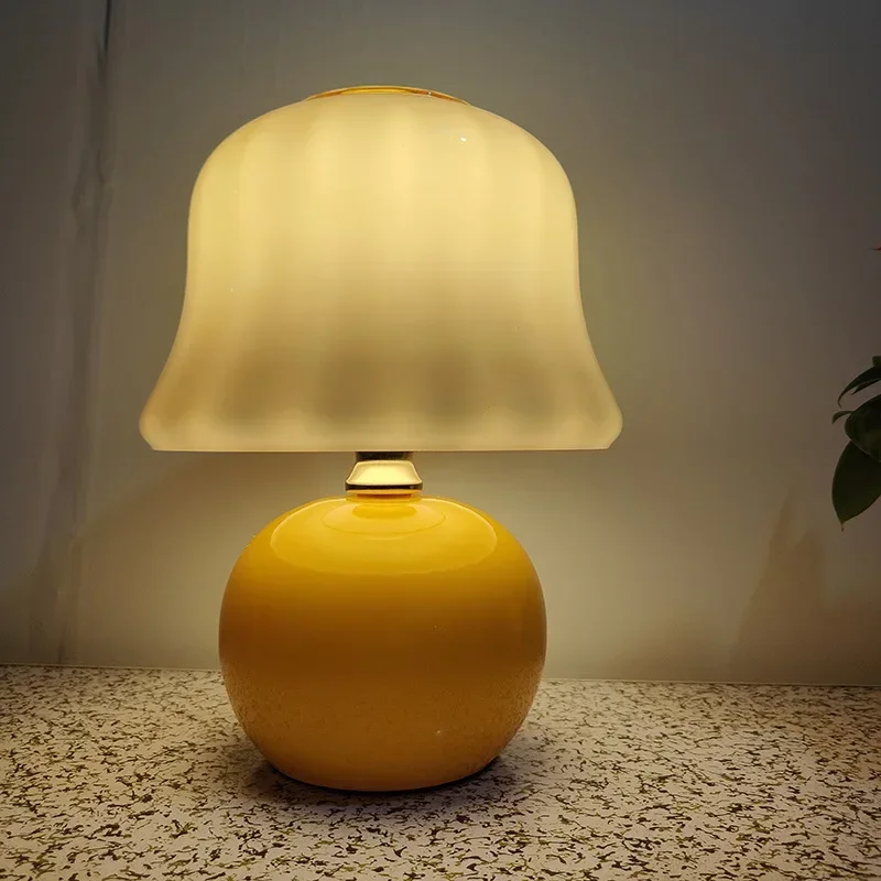 

French Handmade Glazed Glass Warm Bedroom Bedside Cream Mushroom Table Lamp