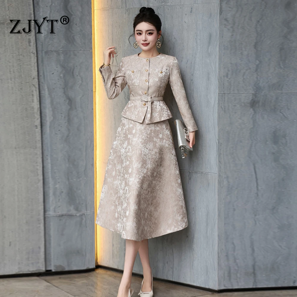

ZJYT Designer Elegant Two Piece Dress Sets Women Floral Jacquard Blazer and Midi Skirt Suit Vintage Casual Outfit Office Work