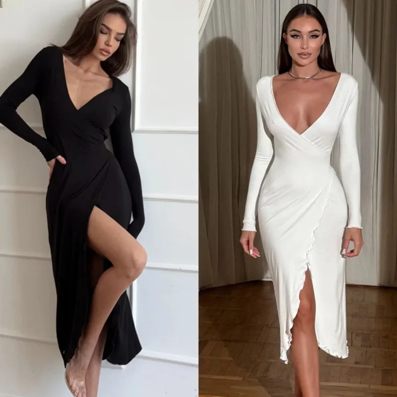 

Elegant Deep V-Neck Long-Sleeve Waist-Cinching Dress Sexy High-Slit Dress Autumn Fashionable Long-Sleeved Evening Gown For Women