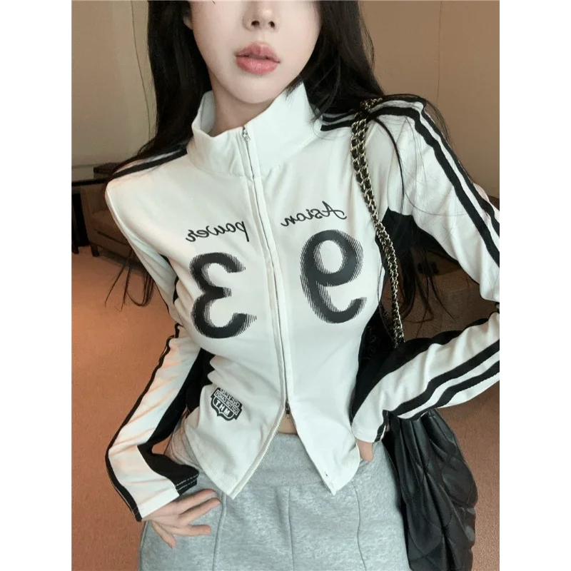 American Retro Slim Short Stand Collar Western Style Contrast Color Women's Jacket Spring Autumn Thin Long Sleeve T-shirt