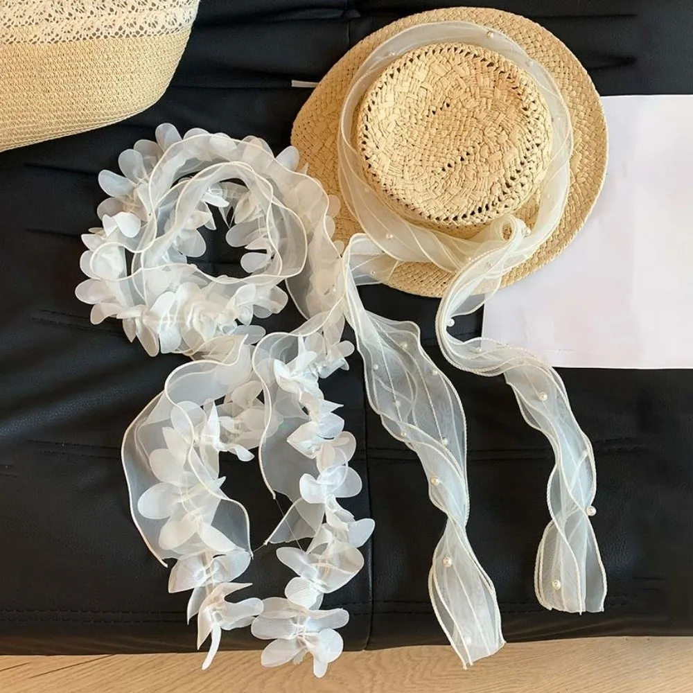 

Breathable Pearls Lace Long Scarf Lightweight Long Thin Ribbon Waistband Large Wave Flower Shape Black Neck Decoration Scarf