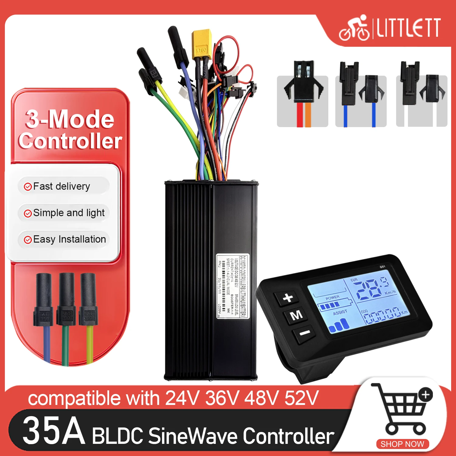 Ebike Sine Wave Controller 36V48V52V 35A 3-Mode Brushless 1000W 1500W LCD display PAS Ebrakes throttle For Electric Bike Parts