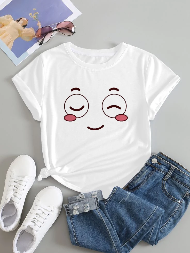 

Женский белый свободный принт с короткими рукавами, женский модный топ с милым мультяшным смайликом и принтом