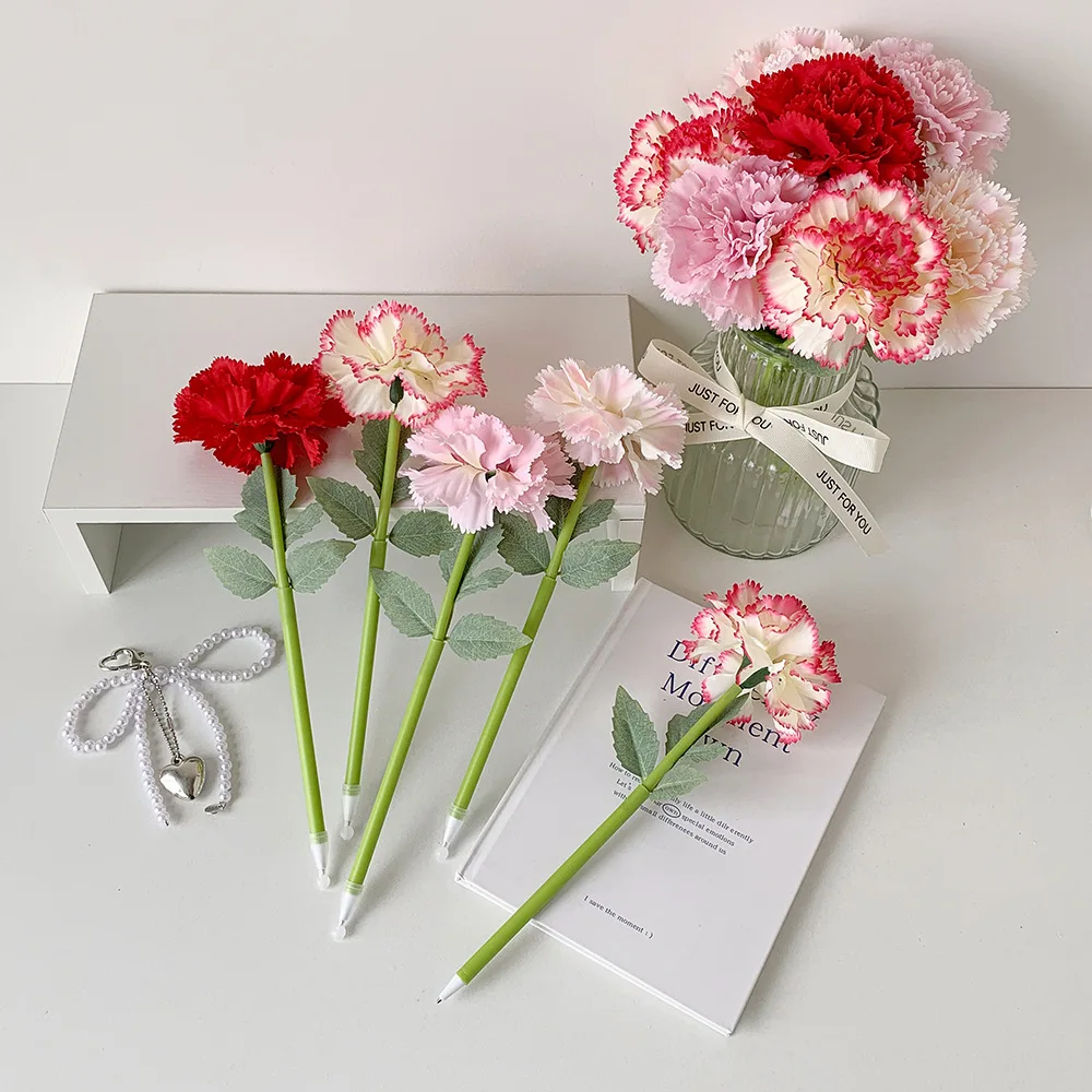 

4Pcs Artificial Flower Flower Ballpoint Pen Carnation Rose Writing Smoothly Neutral Gel Pens Teacher's Day Gift Blue Ink