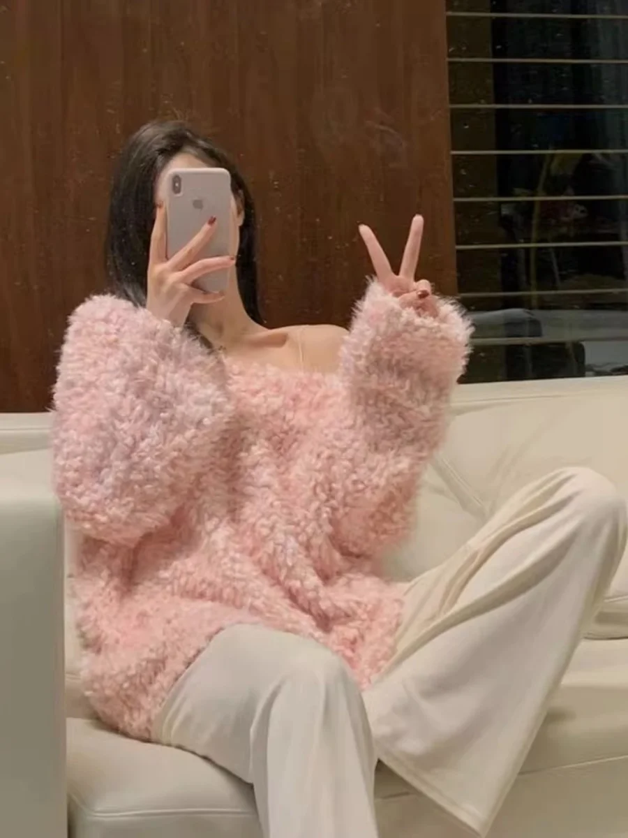 

Мягкий розовый свитер с длинными рукавами для женщин, осенне-зимний, модный, повседневный, свободного кроя, из смесового хлопка, удобный, с V-образным вырезом