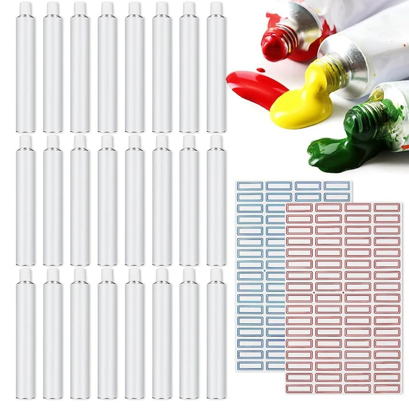 48Pcs Empty Aluminum Paint Tubes 20 Ml For Store Remaining Paint Acrylic Oils Watercolor Gouaches, With 4 Sheets Label, Durable