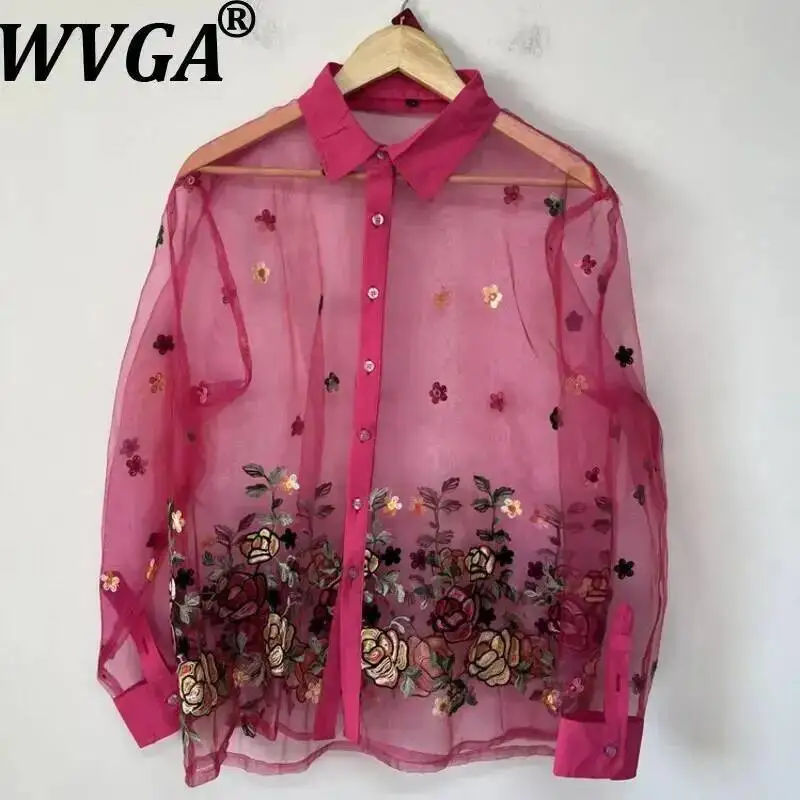 

WVGA Summer New Man Rose Embroidery Sheer Organza Design Trendy Loose-fitting Versatile Shirts Niche Chic Casual Tops Ins W22893