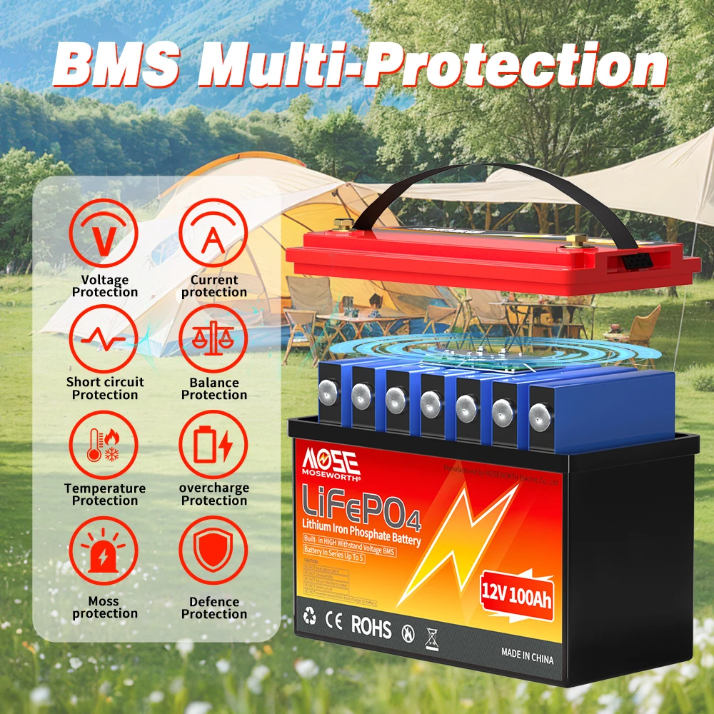 MOSEWORTH LiFePO4 12V 100Ah Akku 12,8V Lithiumbatterie 8000+ Zyklen mit Bluetooth BMS Klasse A für Boot-Wohnmobil-Camper – Detail 10