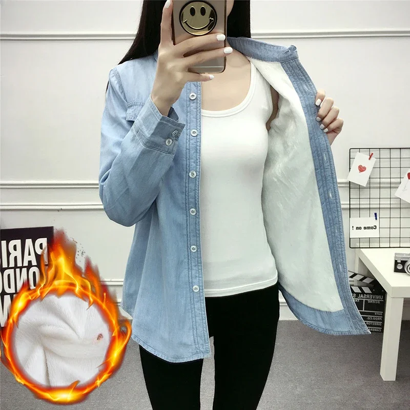 2024 Casual winter Autumn warm thick fleece denim Blouses Women Ladies Tops Women Blouses Long Sleeve Shirt S-3XL D94