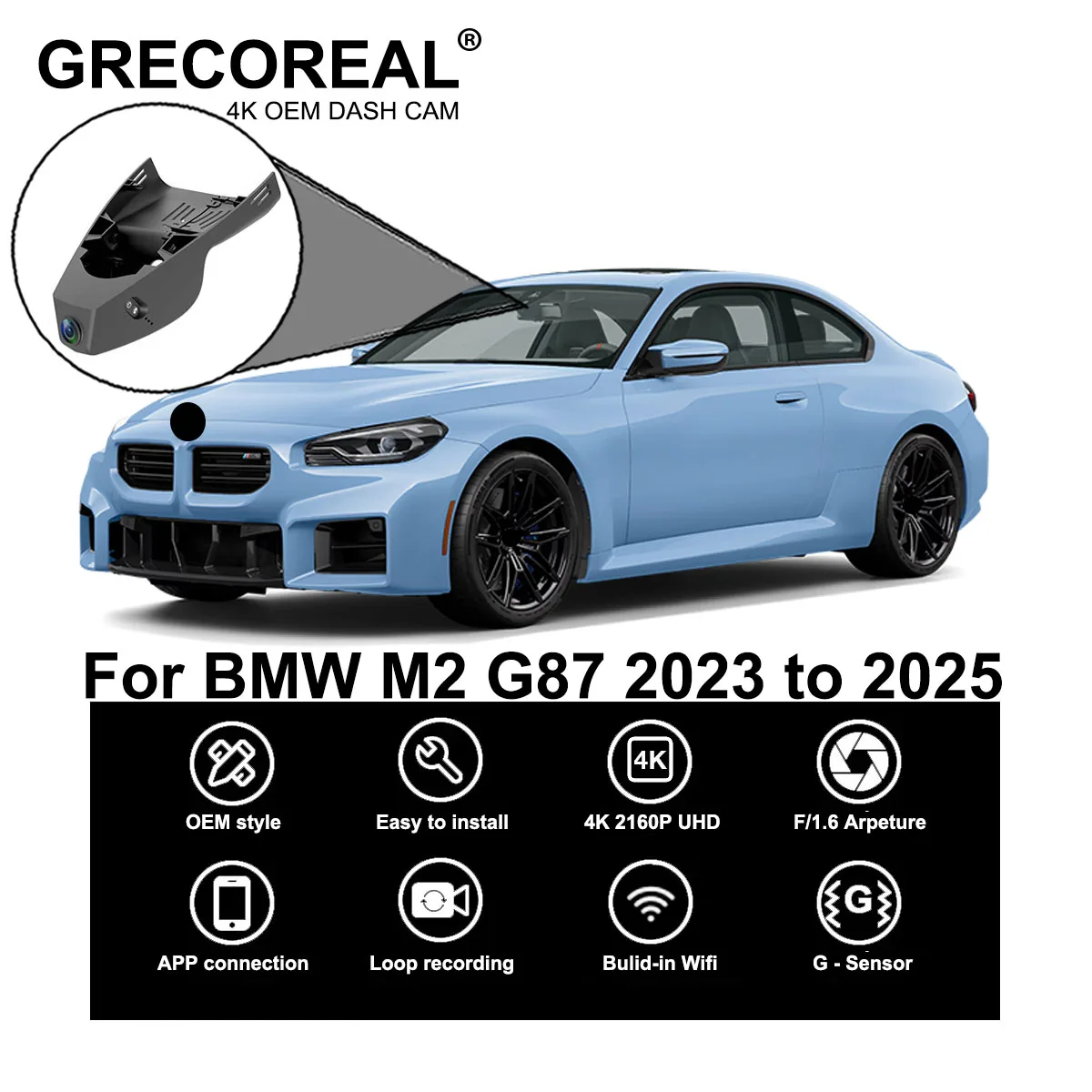 GRECOREAL 4K Dash Cam أمامي وخلفي 2160P WiFi Car Dual Dashcam APP التحكم سهل التركيب التوصيل اللعب متوافق مع BMW M2 G87