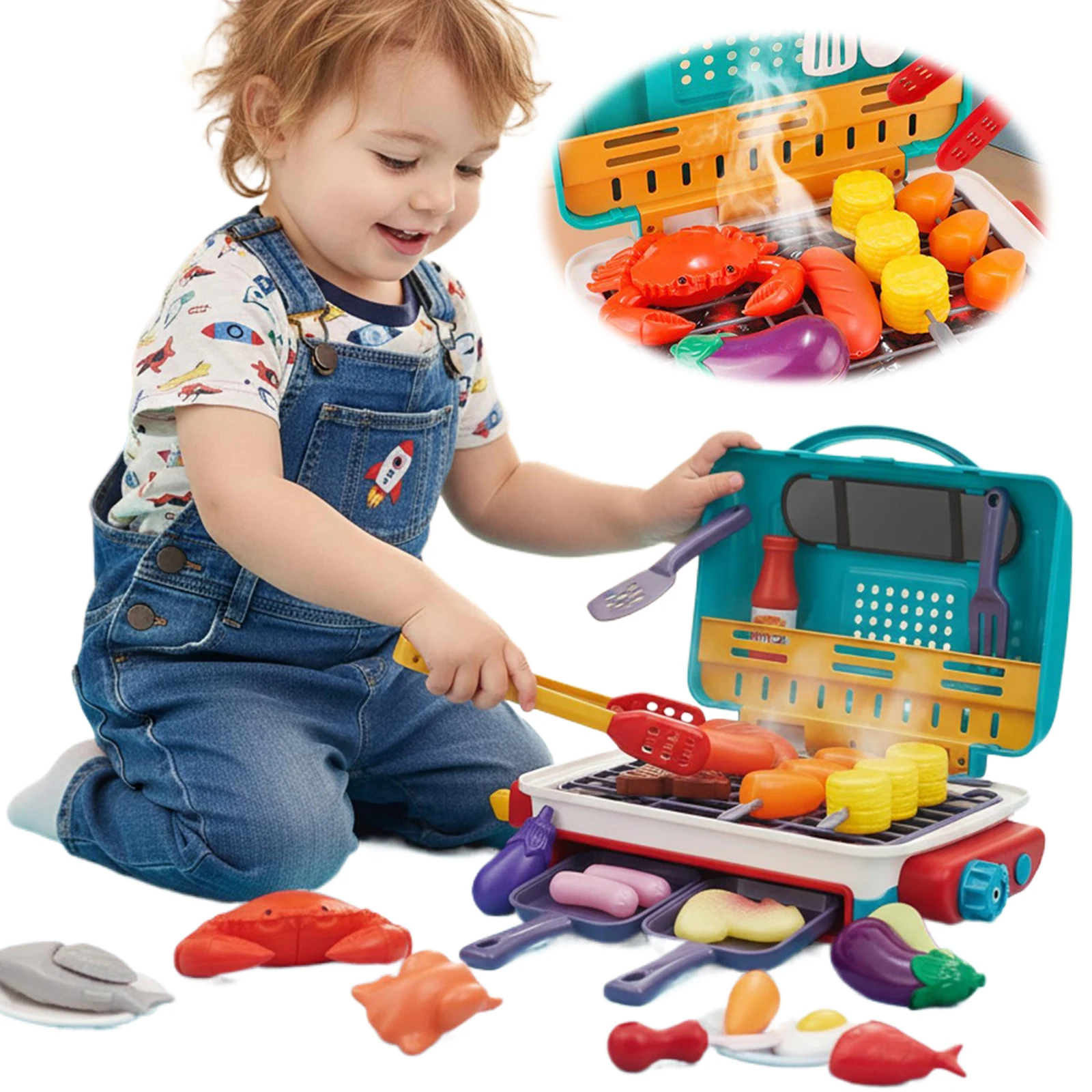 BBQ-grillspeelset voor kinderen met rooklicht Geluid en kleurveranderend voedsel Fantasiespel Keuken Koken Speelgoed voor verjaardagscadeaus voor kinderen