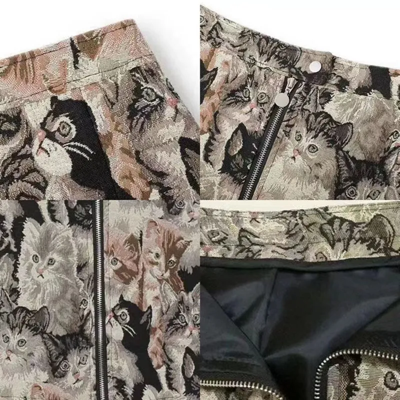 Rok Mini wanita, Rok Wanita Mini motif kucing Harajuku 2024, rok A-Line pinggang tinggi Korea, rok Falda Mujer Vintage, kartun jalanan