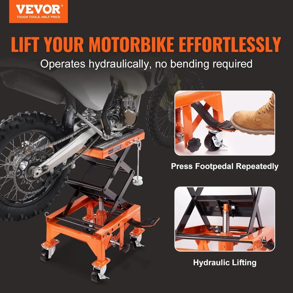 Hydraulic Motorcycle Lift Table, 350 lbs Capacity Motorcycle Scissor Jack Lift with Wide Deck, J-Hooks, 4 Wheels, Hydraulic