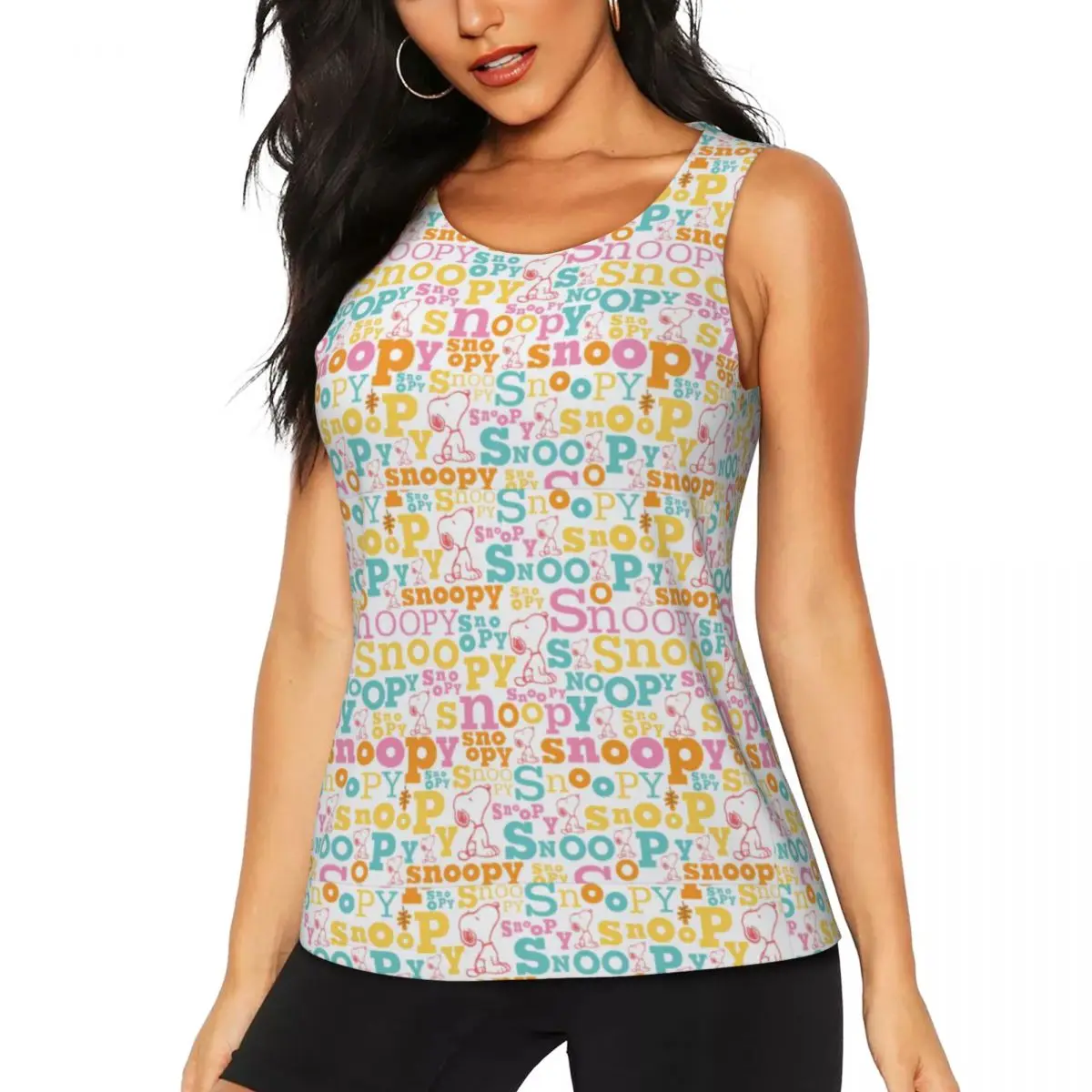 Custom Snoopy Pastel Text Pattern Workout Tank Tops Women's Quick Dry Sleeveless Dog Yoga Shirts