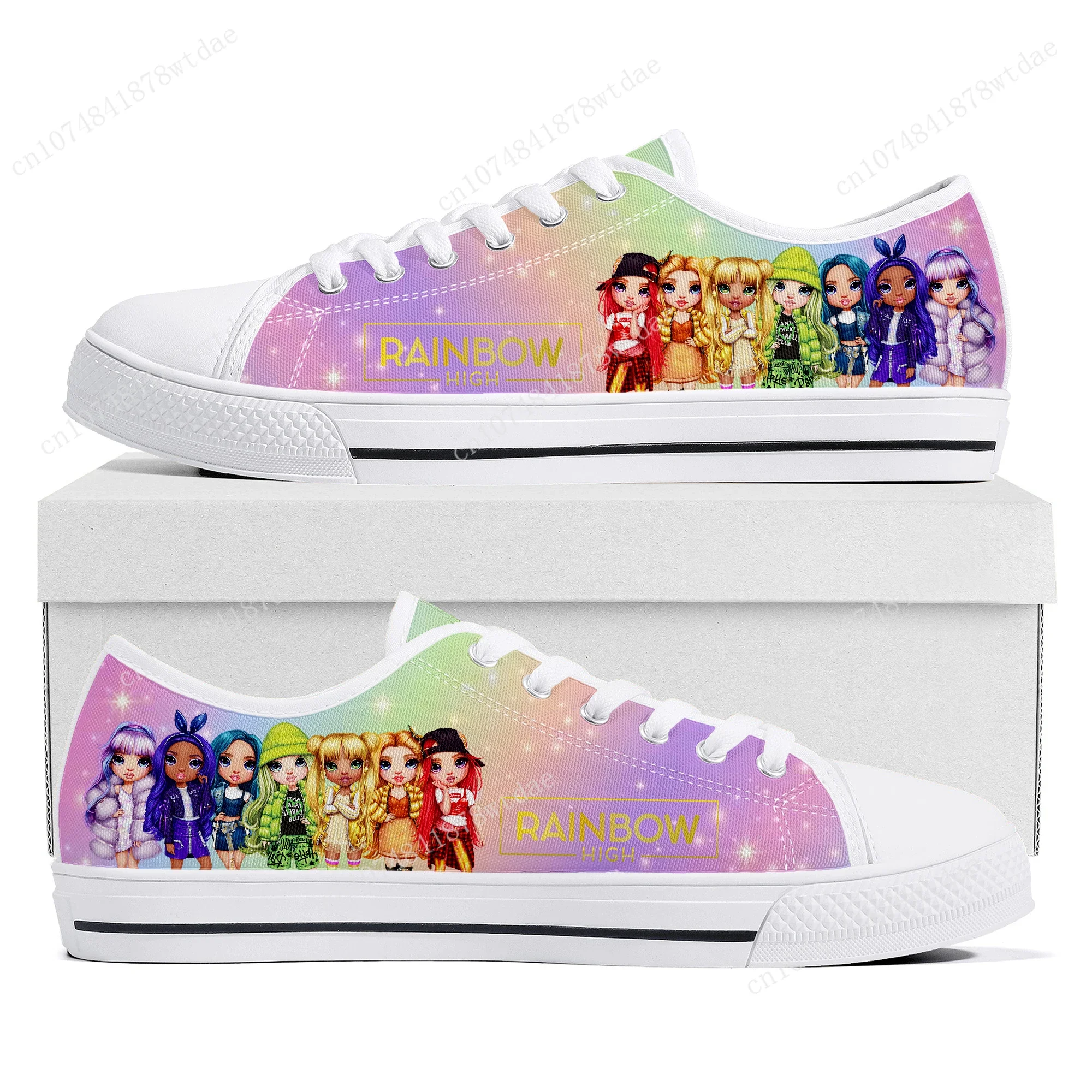 Rainbow High Low Top Sneakers donna uomo adolescente moda di alta qualità Canvas Sneaker coppia fumetti Manga scarpe su misura