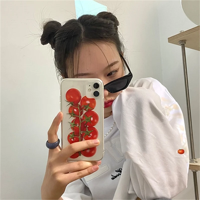 Ins Korean Red Tomato Transparent Phone Case For iPhone 15 14 13 12 11 Pro Max X Xr Xs Max 7 8 Plus SE 3 Shockproof Back Cover