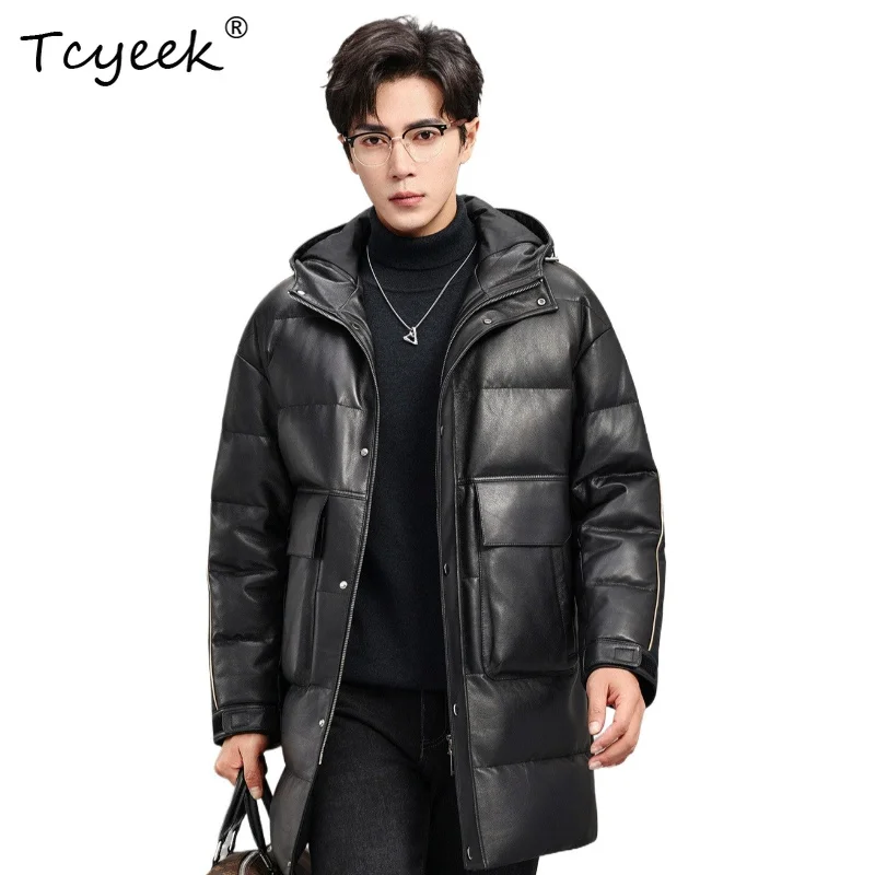 Tcyeek Genuine Sheepskin Jackets White Goose Down Jackets for Man Mid-length Hooded Warm Puffer Jacket 2026 Winter Coats Jaqueta