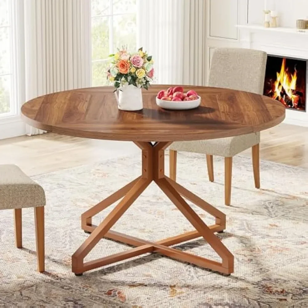 Round Dining Table 4-6 People, 47-Inch Circle Kitchen Table Dining  Room with Metal  Pedestal Base, Wood Dinner Table