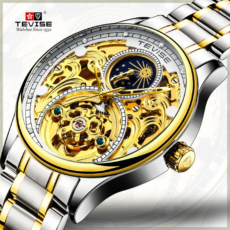 

TEVISE Watch for Men Automatic Mechanical Wristwatch Fashion Skeleton Moon with Diamond Luxury Watch Business Gift for Men