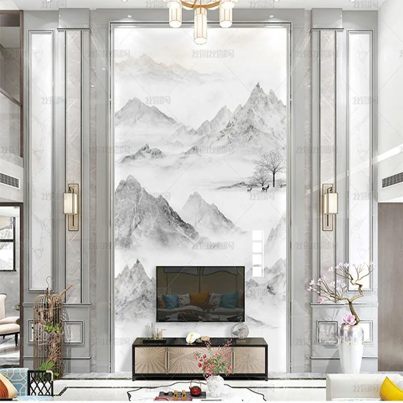 

Пользовательские 3D современные контрактные атмосферные мраморные фрески чернила пейзажный свет роскошные обои ТВ гостиная фон стены