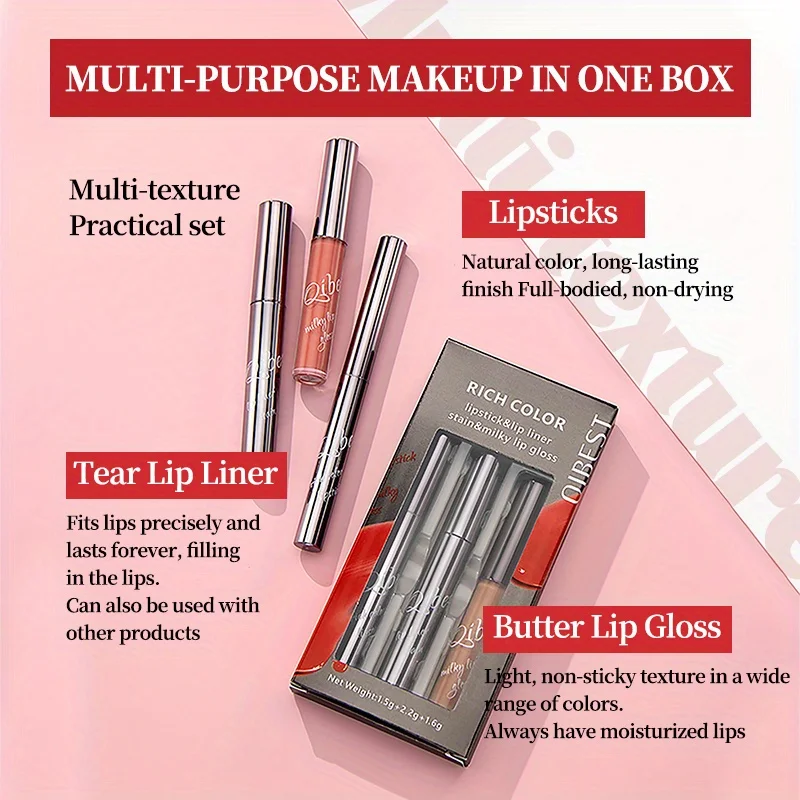 3-pack set Casual lipmake-up Verscheidenheid lipmake-up Casual bijpassende lippenstift en traanliplijn en boterlipgloss