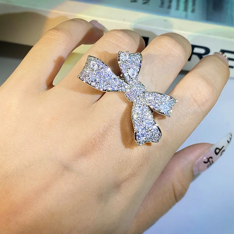 2022 New Fashion Big Bow White Zircon Ring Ladies 925 Stamp Wedding Party Anniversary Jewelry Gift