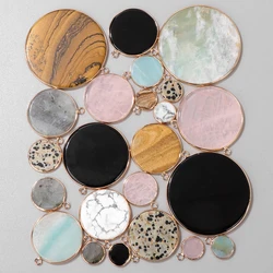 Fashion Flat Round Healing Stone Pendant Natural Obsidian Rose Quartzs Amazonite Charms For Jewelry Making DIY Earrings Necklace