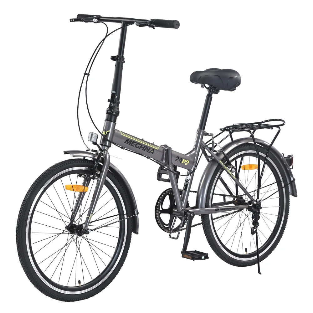 Free Shipping 24Inch Adults Folding Bike Single Speed Steel Frame Dual V Brakes 220LBS Capacity Fenders Compact Commuter Bicycle