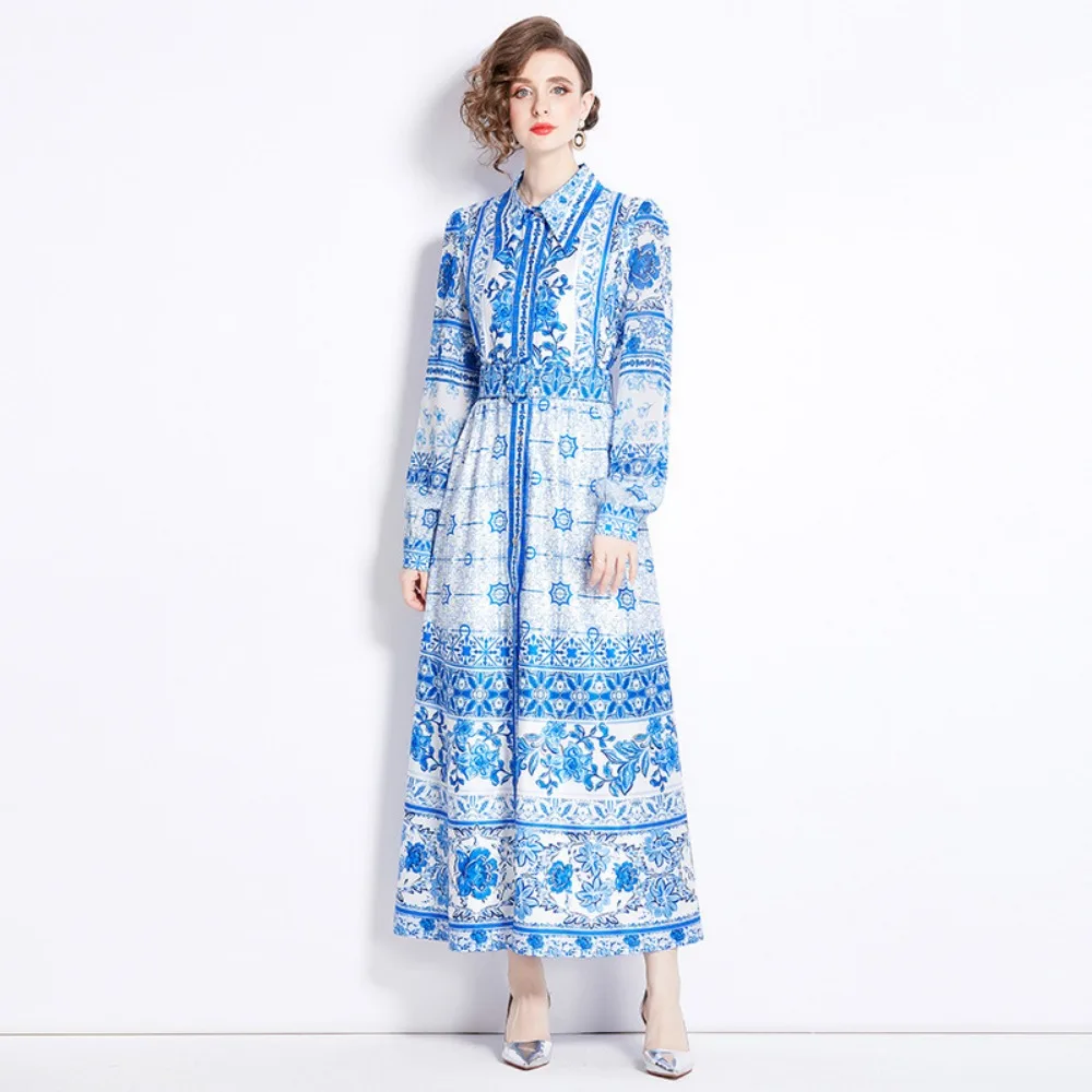 Muslim Fashion Round Neck Long Sleeve Maxi Dresses With Sashes Elegant Fresh Green Printed Abaya Dubai Pakistan Clothing Women