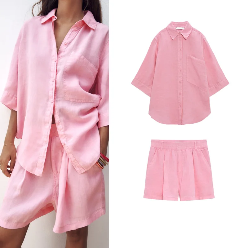 

Spring New Pocket Decorated Shirt Casual Knot Decorated Shorts Women's Fashion Set Cotton Material 18-25 Years Old