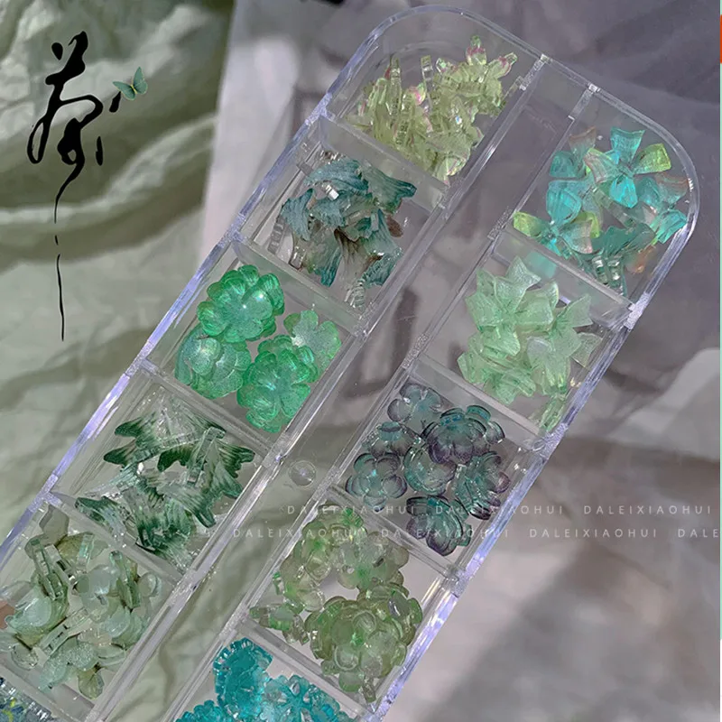 12 Grids Jade Green Nail Decoration Flowers Mixed Nails Accessories Butterfly Nails Drill Goldfish Transparent Floral Ornaments