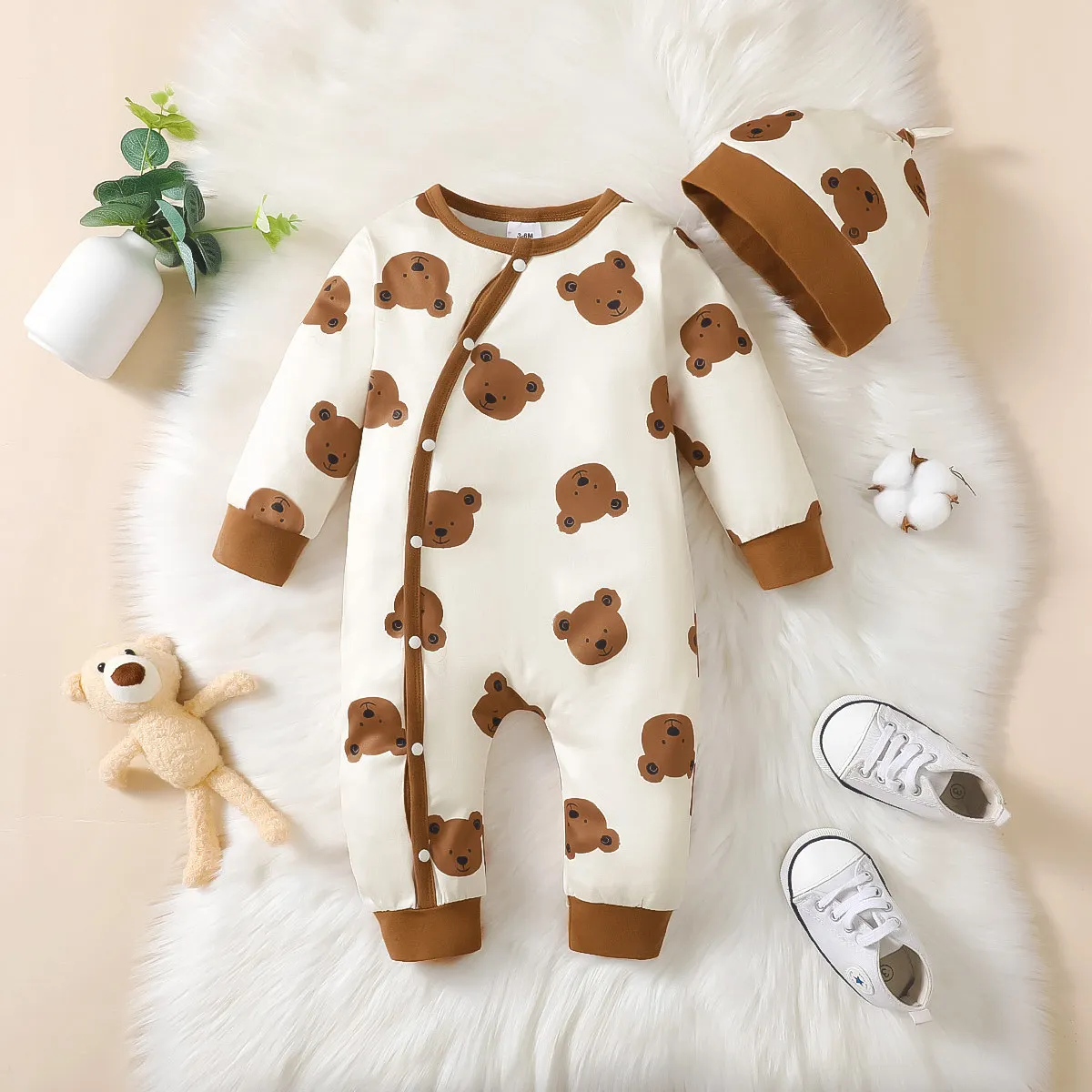 

Newborn Bodysuit Baby Boy Cute Little Bear Pattern Long sleeved jumpsuit+Hat Suitable for 0-18 Month old Baby Crawling Clothes