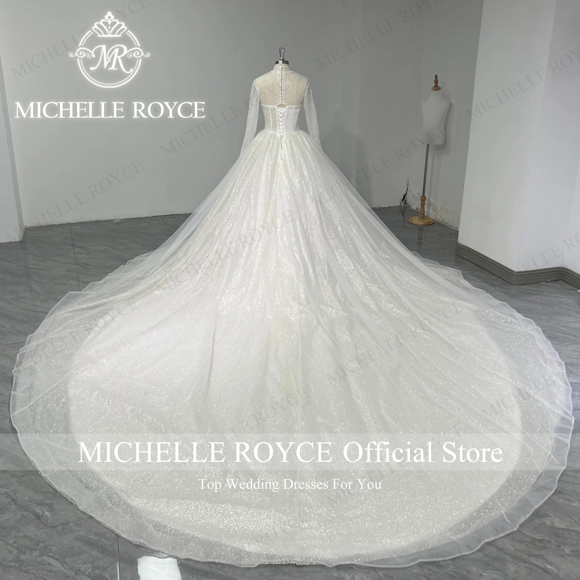 Michelle royce vestido de casamento de manga longa halter ilusão glitter miçangas trem real vestido de baile trabalho real vestidos de novia