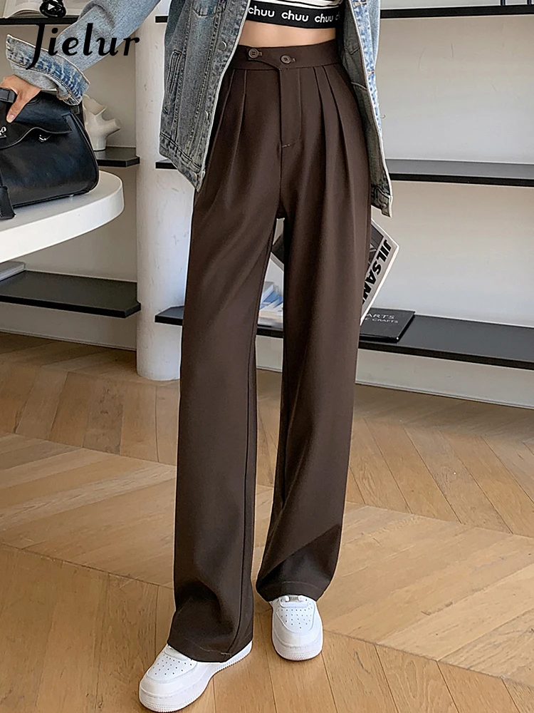 Jielur Straight Loose Slim Female Wide Leg Pants Casual Solid Color High Waist Fashion Women's Pants Chic Button Office Ladies