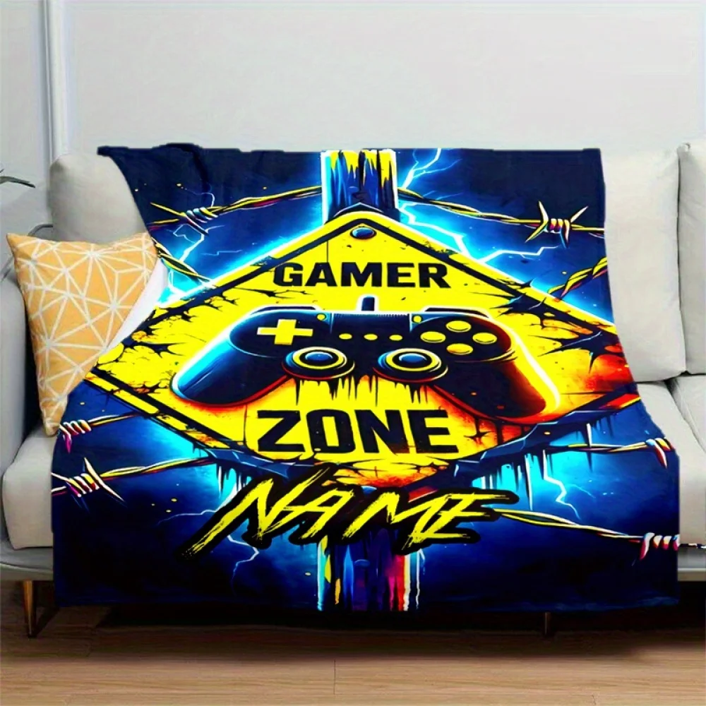 1pc Custom Gamer Blanket with Personalized Name Vibrant Neon-Colored Game Controller Design Soft Flannel for Bedroom Sofa Office